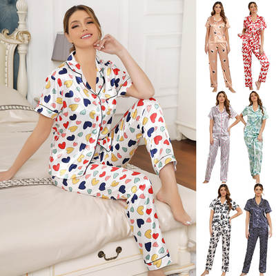 Pajamas satin home clothes Amazon European and American women's silk-like women's short-sleeved Pajamas summer air-conditioning clothes