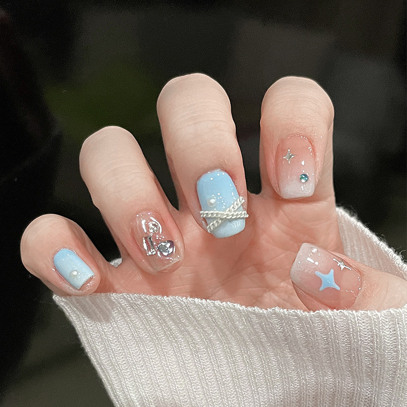 清純奶鹽鏈條美少女穿戴甲短款假指甲顯白指甲貼成品指甲貼Nails