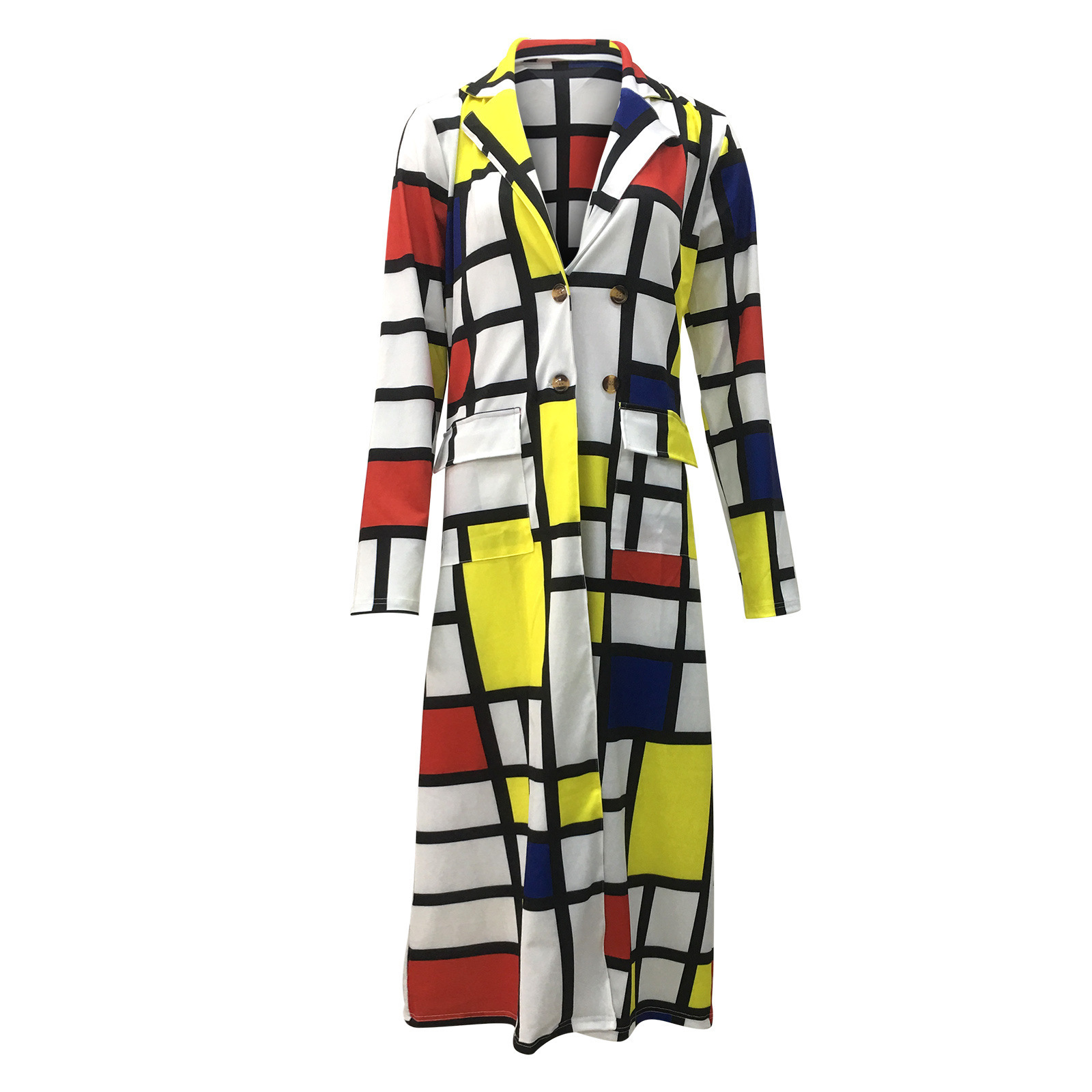 Autumn and winter New trench coat cross-border  European and American plus size plaid printed double-breasted lapel coat coat women's coat_voghion.com