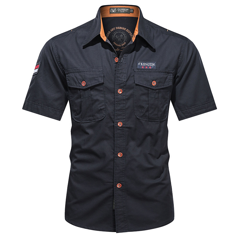 Tooling Style Cotton Short-sleeved Sports Casual Shirt 2023 New Summer Young and Middle-aged Solid Color Hong Kong Style Top Trendy
