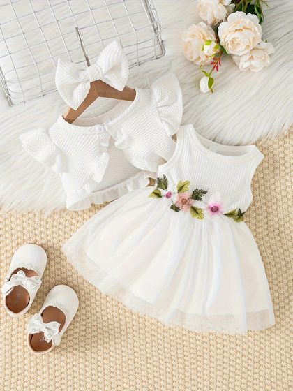 Cross-border INS baby girls' summer waist flower vest mesh dress coat hair accessories fashion