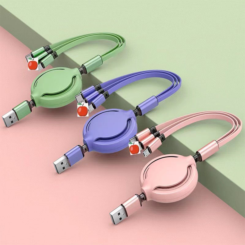 New macaron one-to-three telescopic data cable mobile phone car gift logo liquid three-in-one charging cable