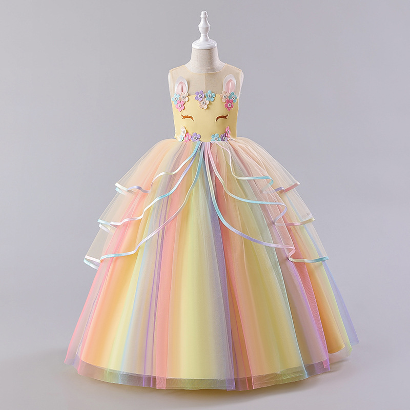 European and American dress skirt girls dress Unicorn Children's mesh rainbow puffy yarn princess skirt wholesale