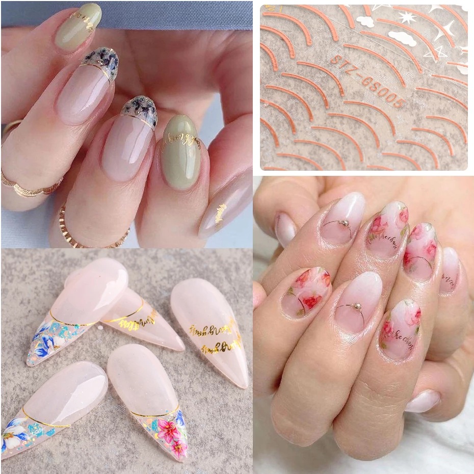 Cross-border Hot Nail Art Stickers Gold and Silver Stickers French Nail Shape Imitation Metal Accessories Line Back Adhesive Nail Stickers