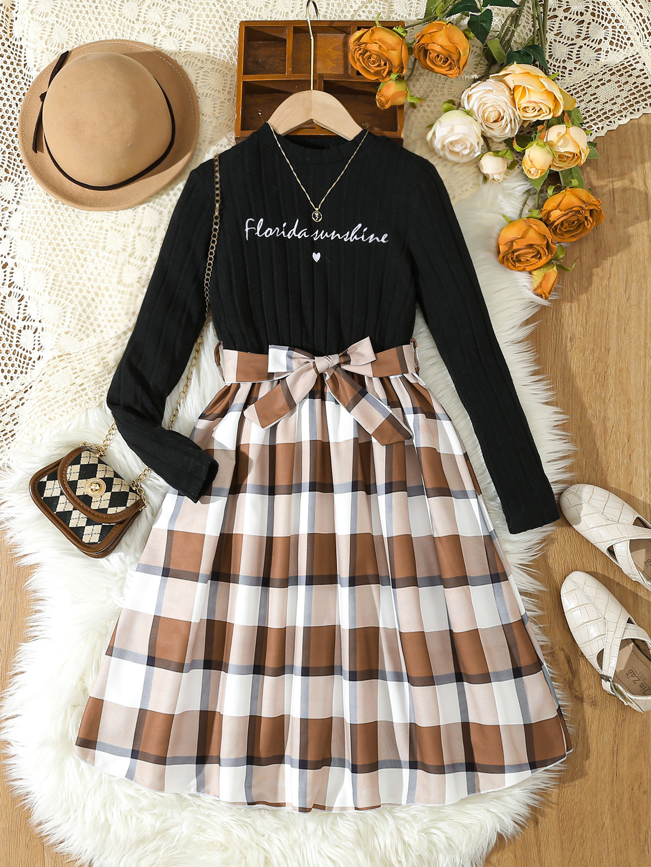 Children's skirt Korean-style fake two-piece letter print stitching plaid skirt 2024 spring foreign trade girls dress