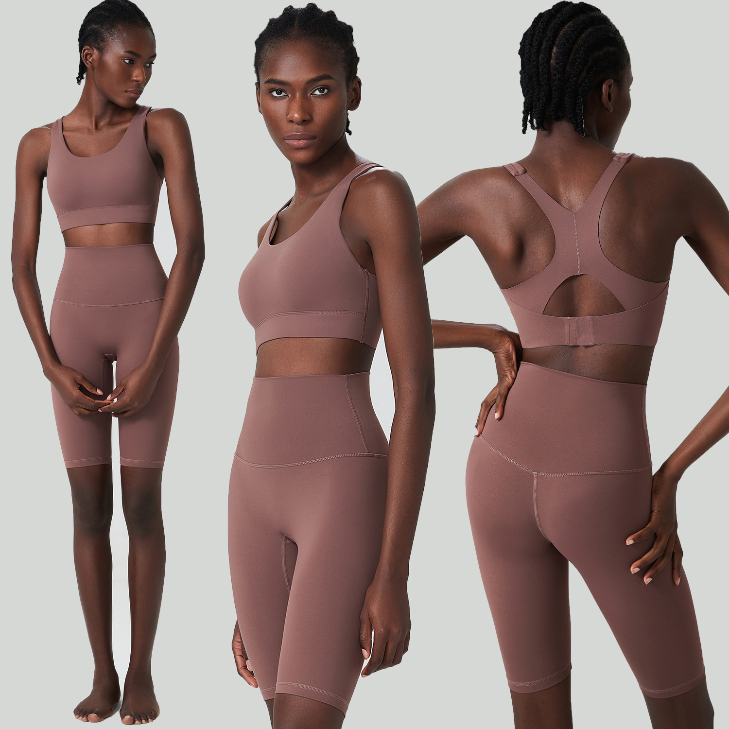 Cross-border Breathing Cup Short Yoga Suit Women's Large Size Naked Sports Fitness Suit Five-point Pants Two-piece Set