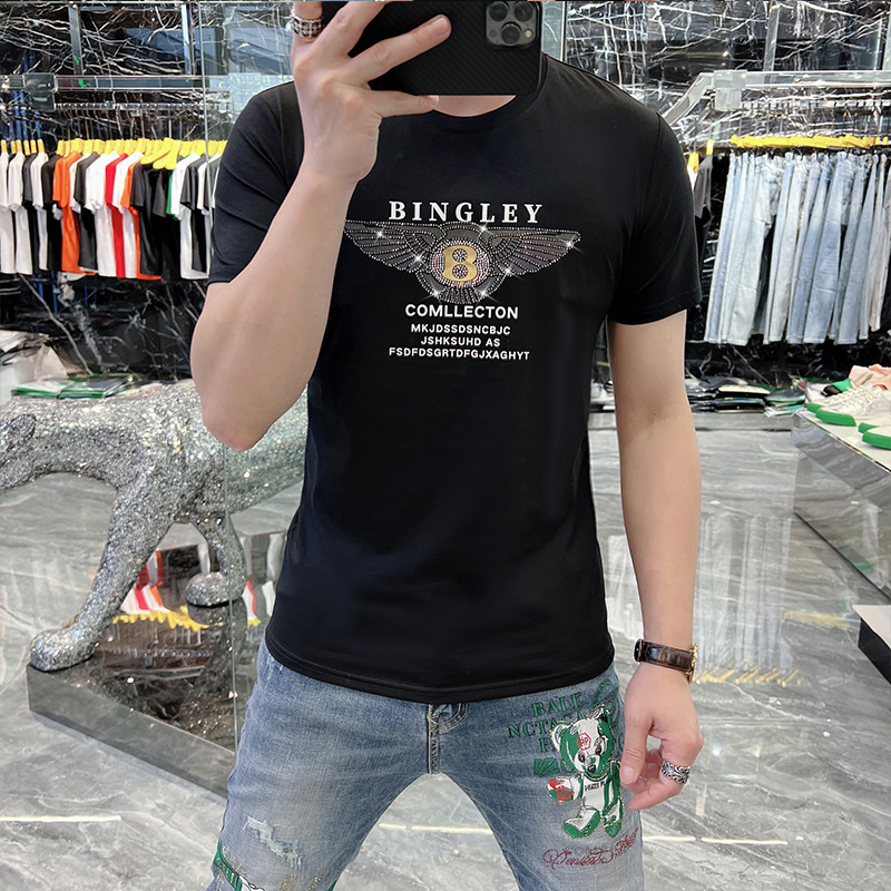 European station fashion summer new fashion brand men's mercerized cotton letter hot drilling short sleeve slim T-shirt men's fashion European goods
