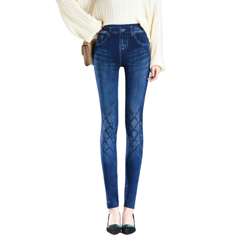 Autumn and Winter Outer Wear Leggings Women's fleece-lined Thick Imitation Denim Skinny Pants Middle-aged and Old Mother's Big Elastic Tight Pants