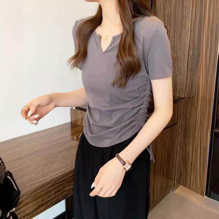 Design sense V-neck drawstring slim-fit pure desire style short-sleeved T-shirt women's clothing 2023 Summer new Pure Color student shirt fashion