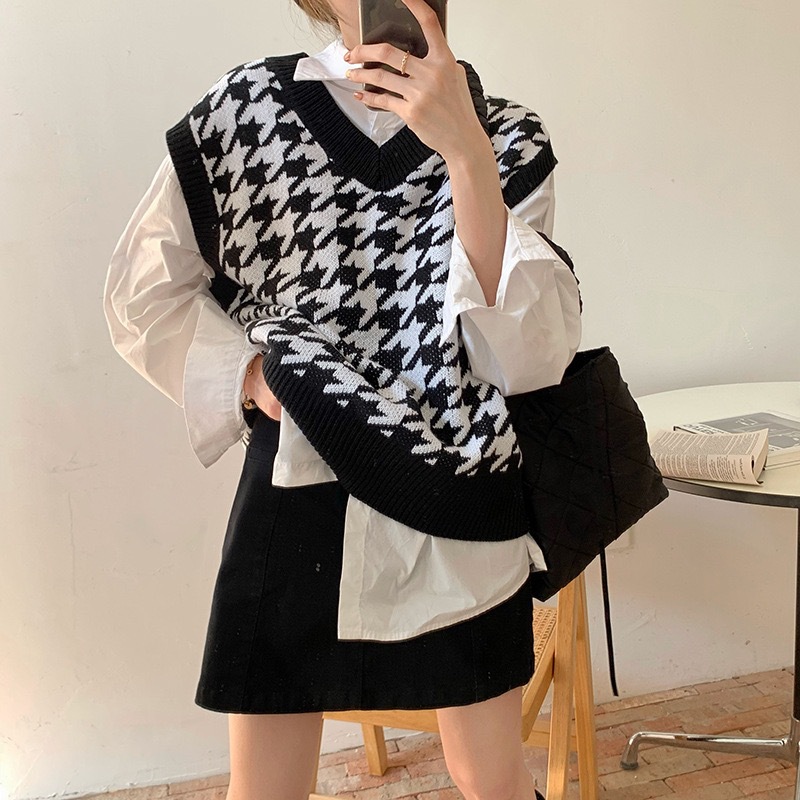 Hahnentritt-Weste Strickpullover 2022 Damen Herbst Neue koreanische lose Oberbekleidung Pullover Pullover Top_voghion.com