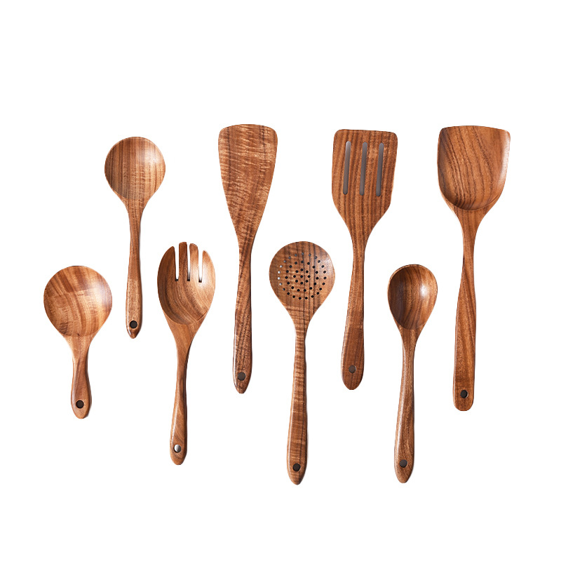 Acacia Wood kitchenware factory wholesale teak spatula spoon seven-piece set wooden non-stick pan cooking spatula household cooking wood soup