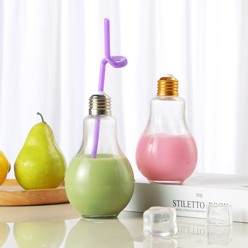 Creative bulb beverage bottle glass high color transparent juice bottle 500ml milk tea fruit wine with lid