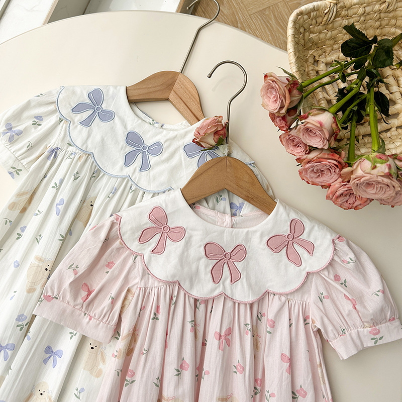 Korean Children's Wear Bow Embroidered Flower Collar Girl's Dress 2024 Summer Bear Print Short-sleeved Princess Dress