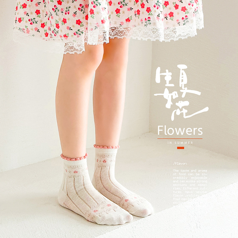Minqi girls' socks spring and summer thin flower sweet breathable mesh Princess socks girls' socks medium and large children's cotton socks