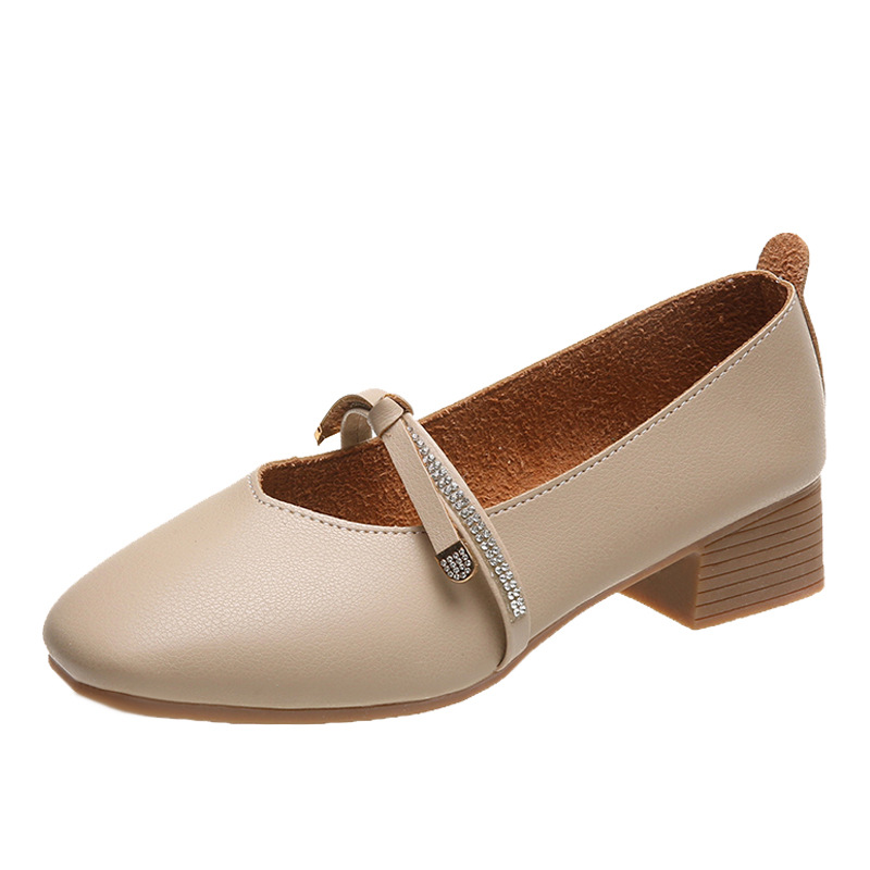 Autumn 2024 new thick heel small leather shoes Korean fashion soft face mid heel women's shoes single-layer shoes bow fairy shoes spring