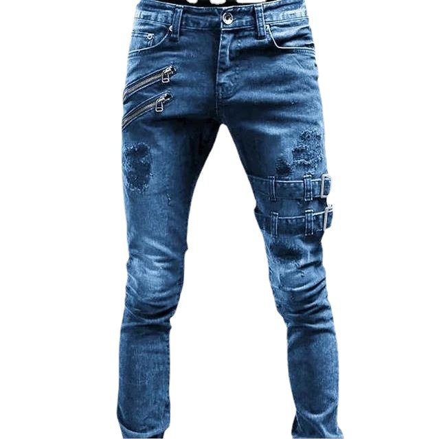 Large quantity discount 2024 European and American cross-border new motorcycle personality jeans Amazon stretch skinny pants men
