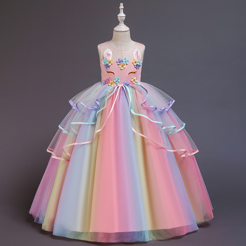 European and American dress skirt girls dress Unicorn Children's mesh rainbow puffy yarn princess skirt wholesale