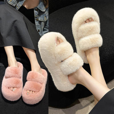 Fluffy Slippers Women's Outfit 2023 Spring and Autumn New Cyber Celebrity Flat Toe Cute ins Fluffy Cotton Slippers