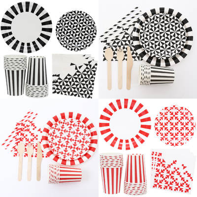 NICE PARTY Universal black red striped birthday PARTY suit decorative props paper plate tissue