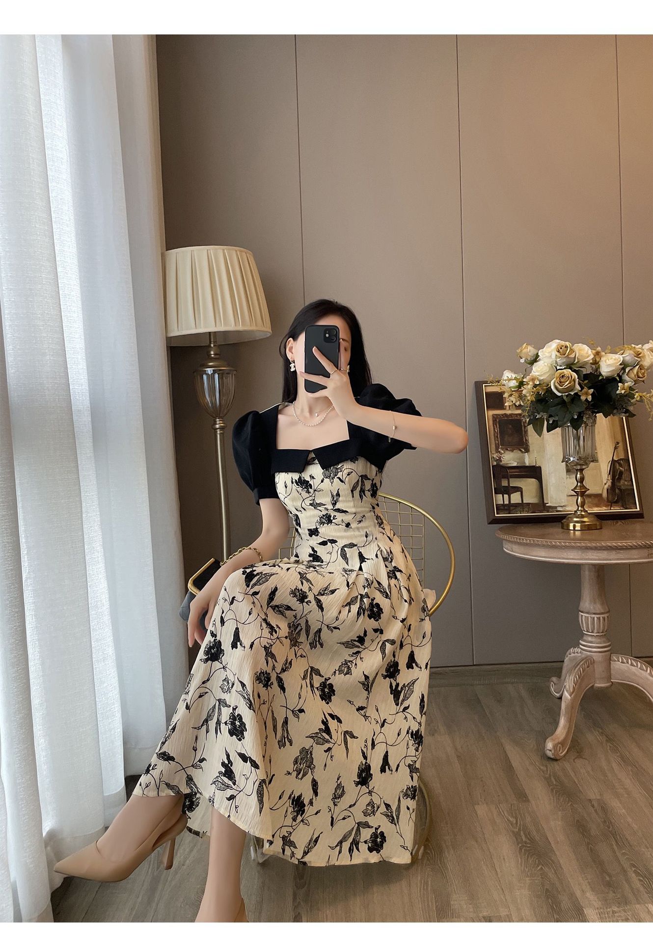 New Style Style Design Sense Slim Stitching Floral Dress Women's Summer 2022 New Square Collar Puff Sleeve A- line Dress