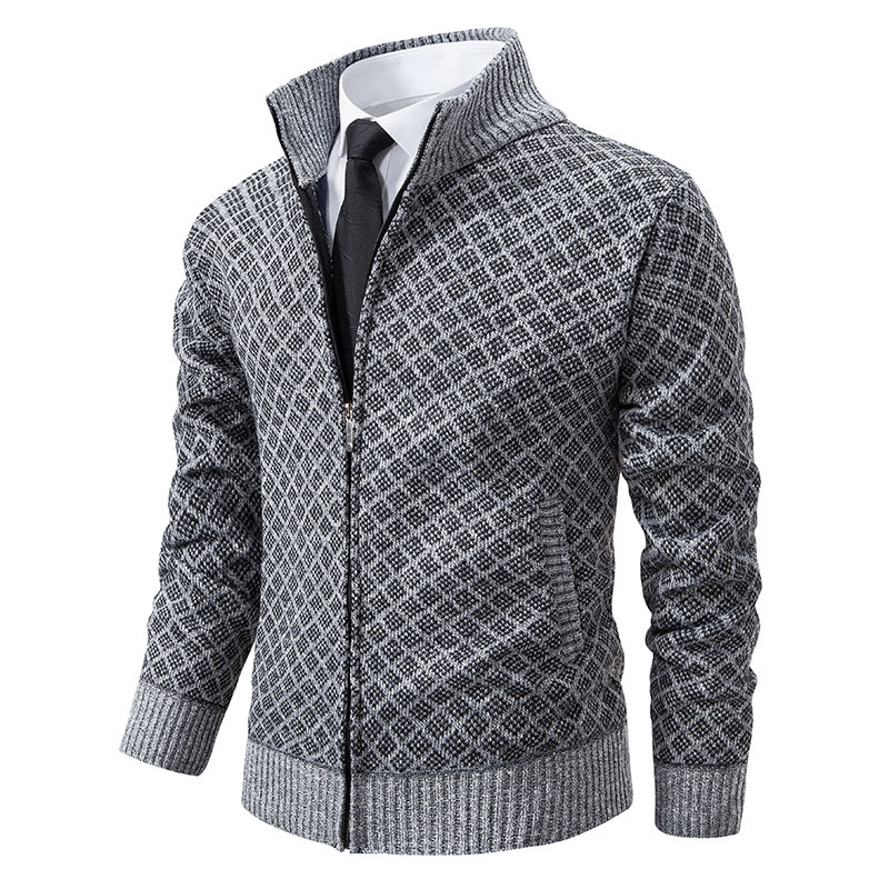 2023 autumn and winter men's fashionable plaid jacket men's fashionable stand collar slim-fit long-sleeved casual sweater