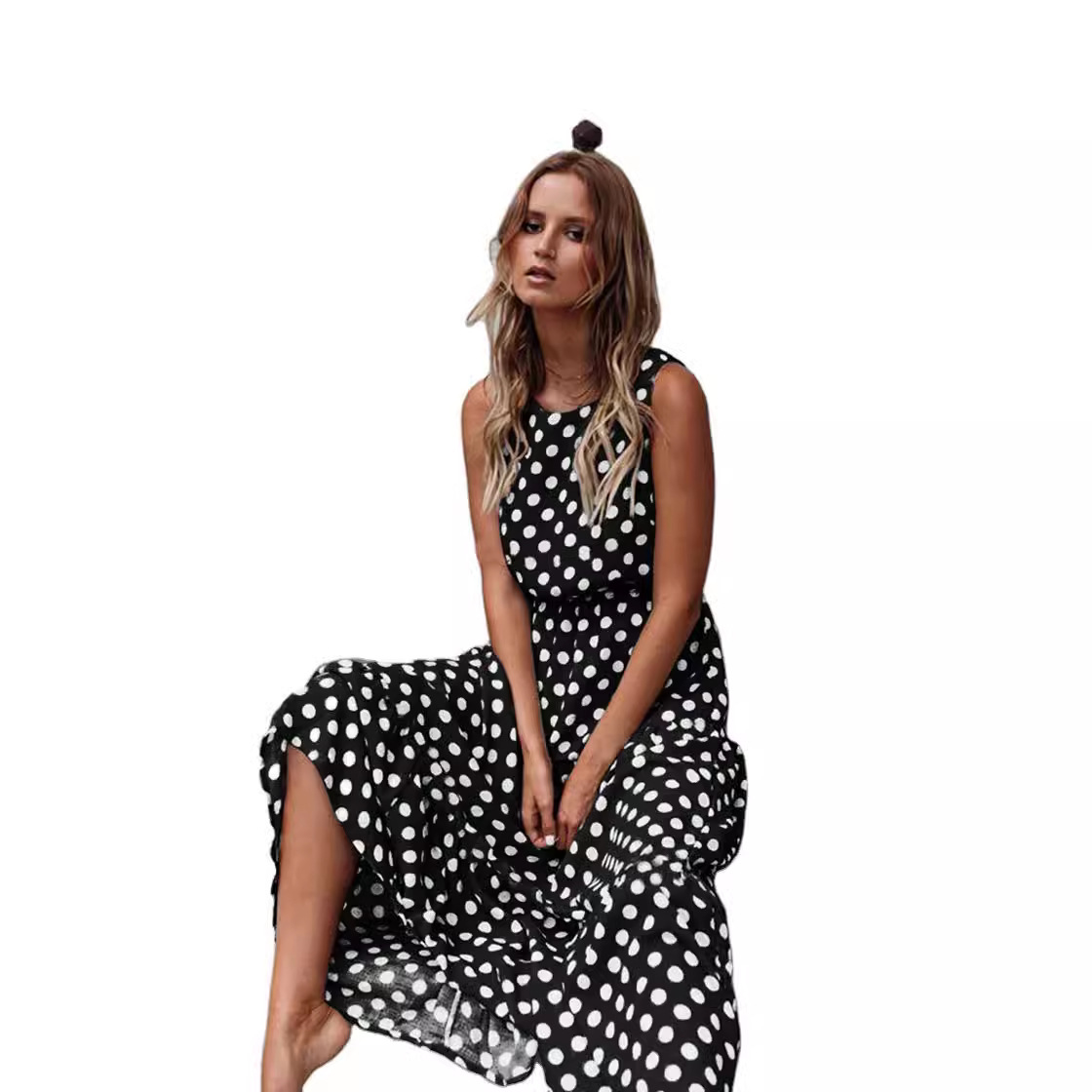 Cross-border Hot Sale 2024 Spring and Summer Fashion All-match Printed Polka Dot Round Neck Dress Women's Dress