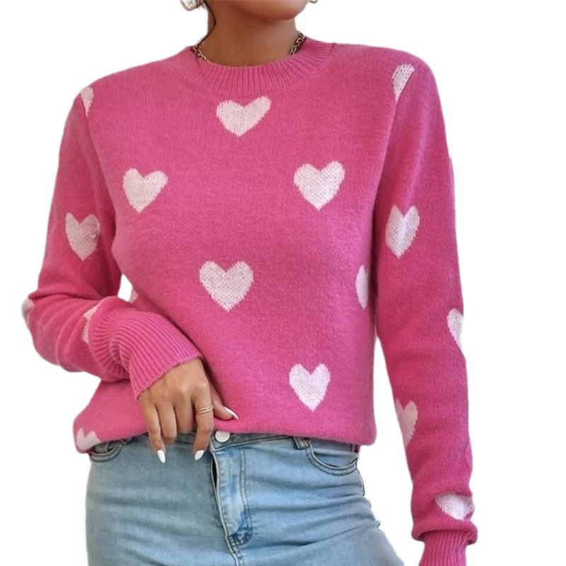 Amazon autumn and winter European and American cross-border AliExpress new heart-shaped pattern loose round neck knitted pullover sweater