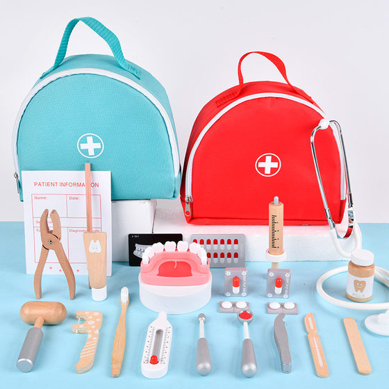 Children's wooden play house hand carrying medical bag cloth bag doctor toy simulation tooth model stethoscope toy