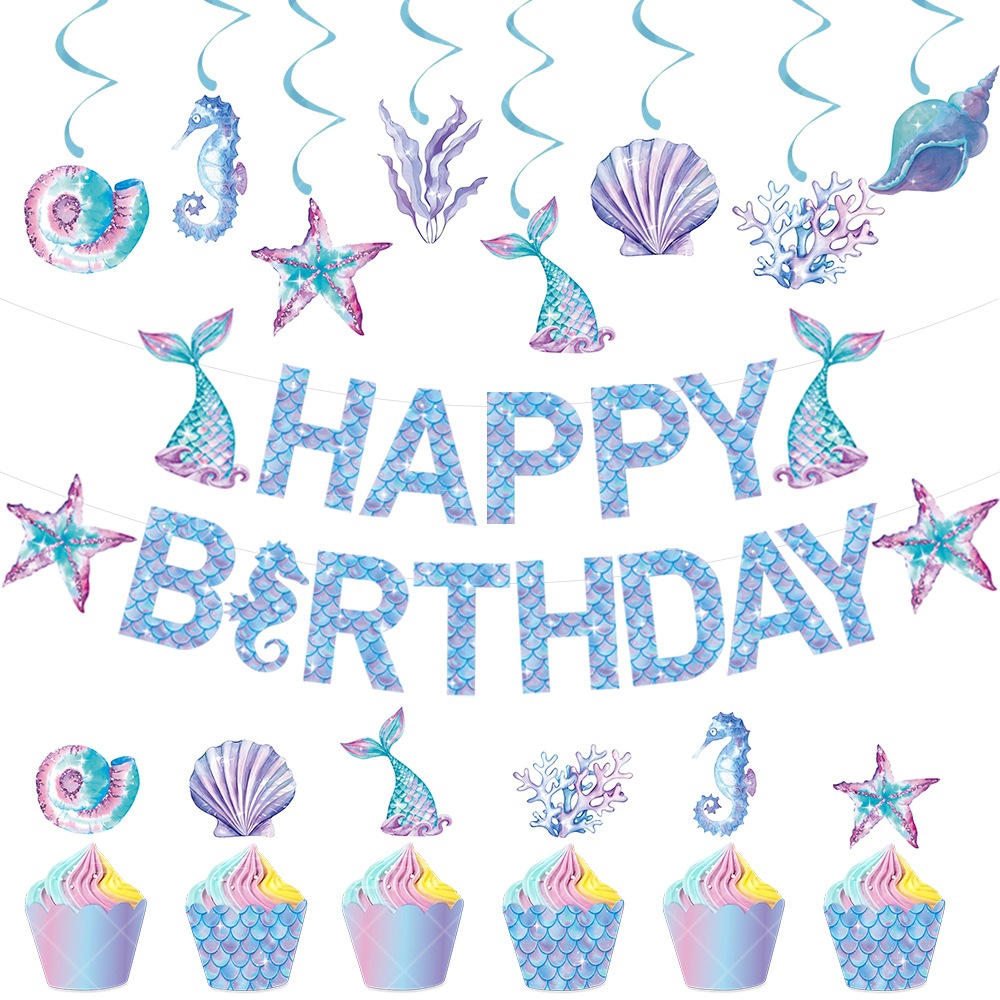 New Mermaid Birthday Party Decoration Set Birthday Flag Underwater Theme Spiral Charm Cake Card