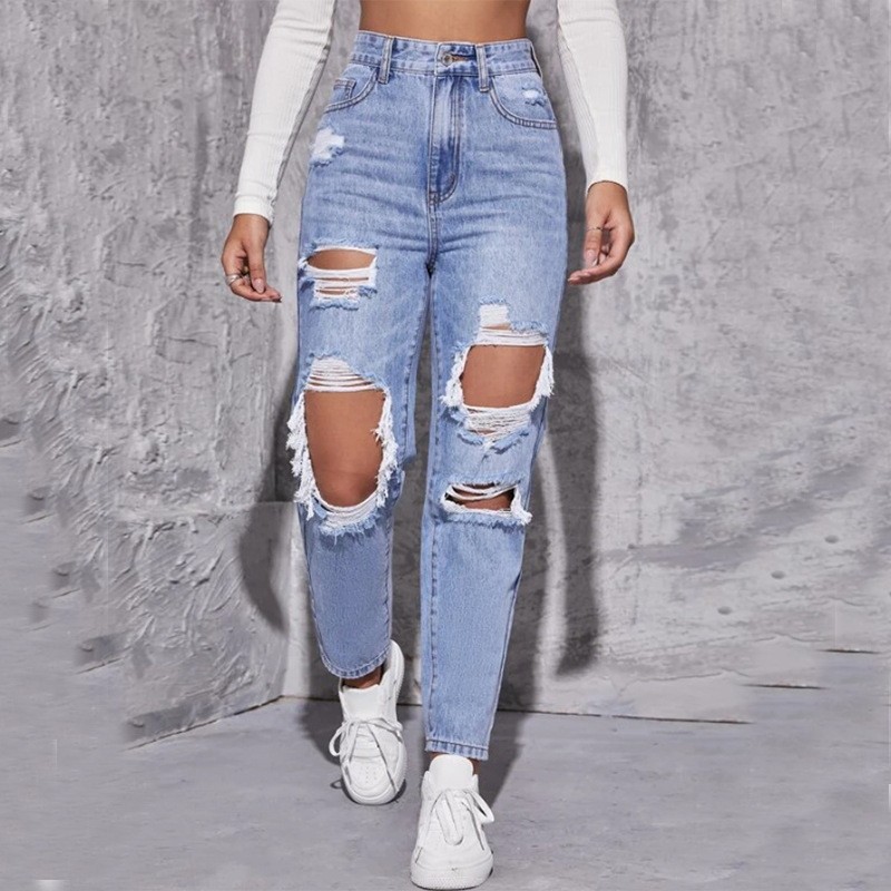 European and American Ripped Jeans Women's 2024 New Amazon Cross-border Hot Wash High Waist Straight Jeans
