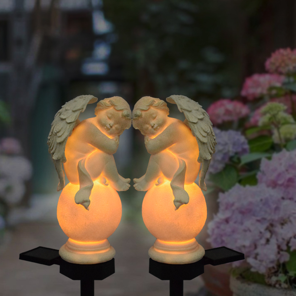 Solar Outdoor Garden Light Crafts Insert Resin Angel Shape Statue Garden European Landscape Decorative Light