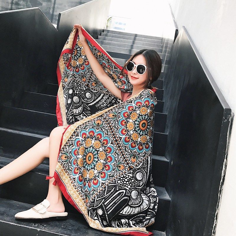 Spring and Summer Shawl Korean Ethnic Style Qinghai Tourism Seaside Beach Towel Sunscreen Gauze Shade Cotton and Linen Scarf Women