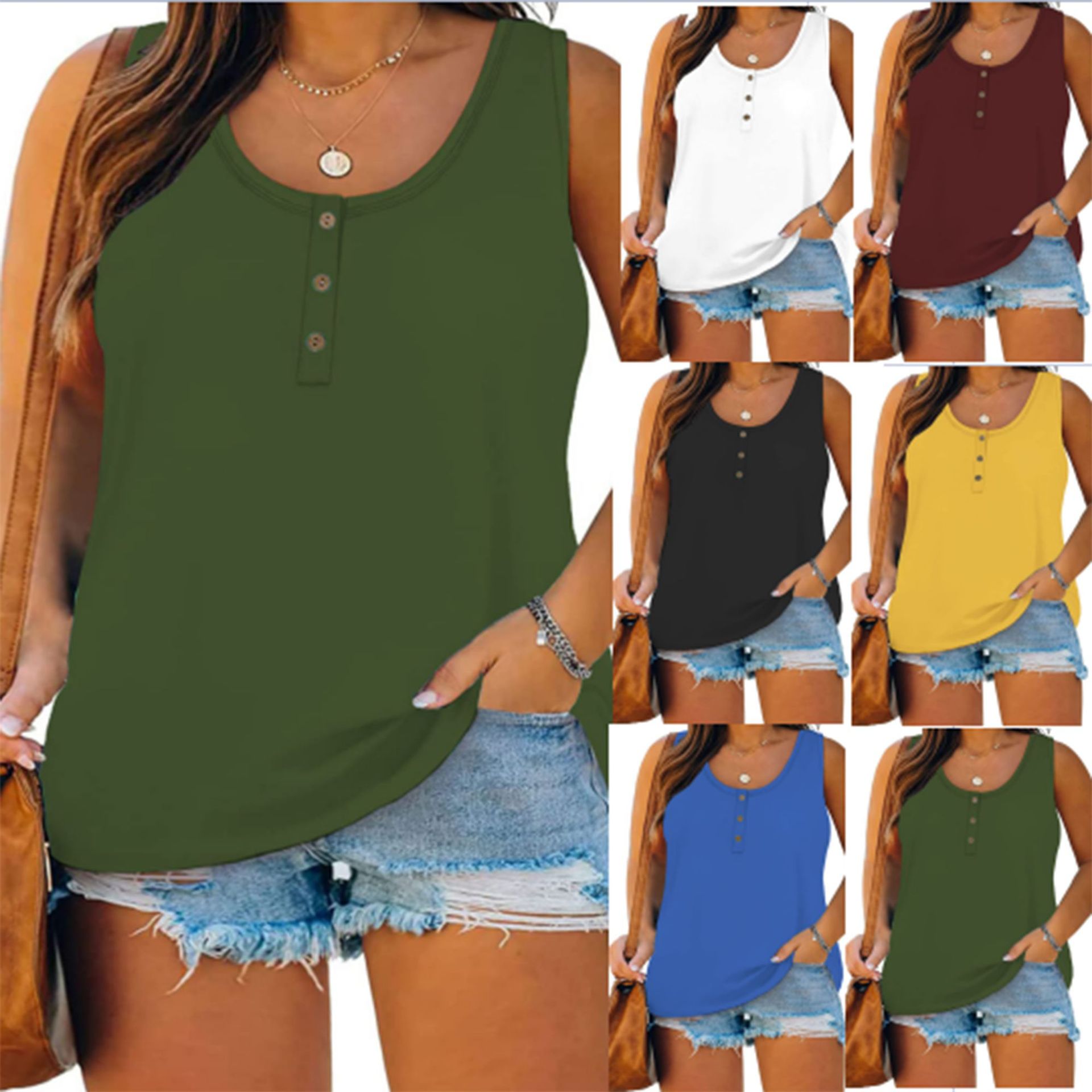 Amazon Cross-border European and American Large Size Women's Summer Sleeveless Button Solid Color U-collar T-shirt Women's Six Color Five Size Now