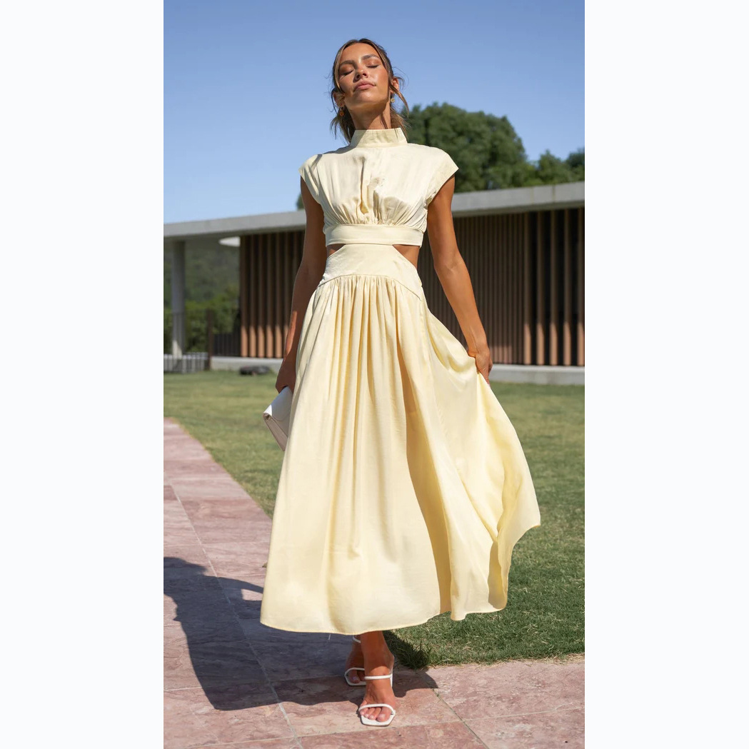 23 years of European and American foreign trade sweet fashion Street summer collar Macaron color waist long dress 23003