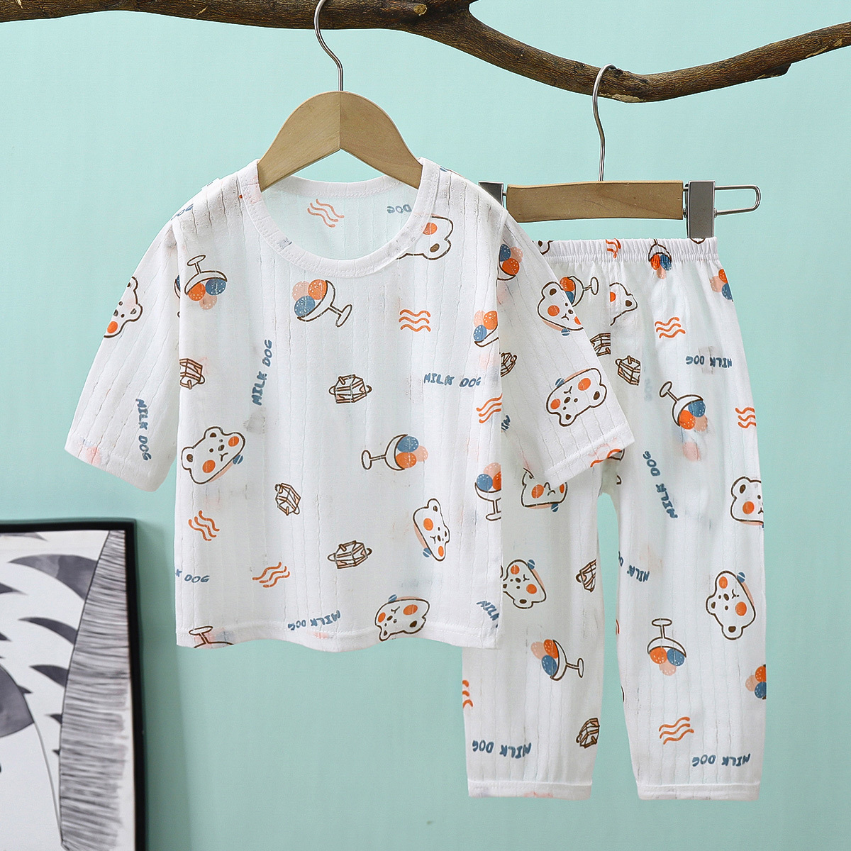 Children's Air-conditioning Suit Cotton Baby's Seven-sleeve Pajamas for Boys and Girls Summer Home Clothes Thin Breathable Children's Clothing