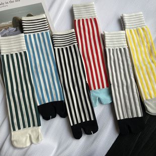 Japanese-style Bright Silk Roof Colorful Vertical Stripes Spring and Summer Two Toe Socks Toe Socks Retro All-match Mid-barrel Sports Socks