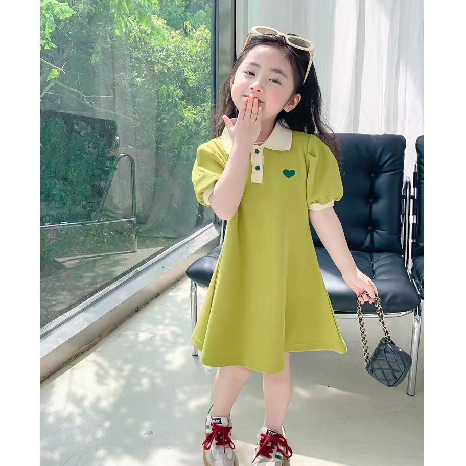 Girl's Summer Dress Princess Dress Foreign Style POLO Collar Skirt Children's Puff Sleeve Dress Thin Princess Dress