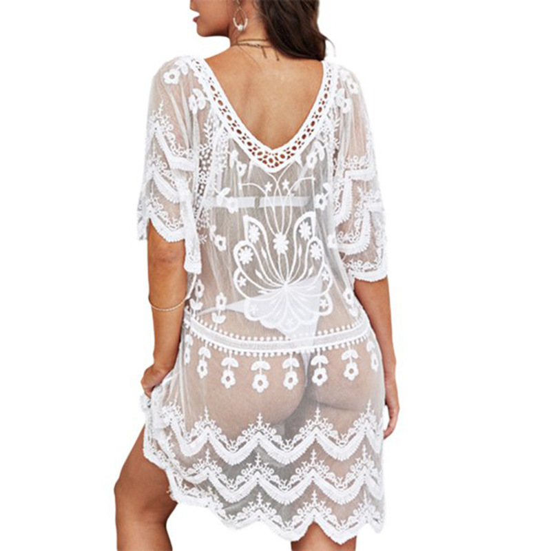 European and American Beach Sunscreen Women's Loose Midi Pullover Dress Water Soluble Lace Shirt Bikini Blouse