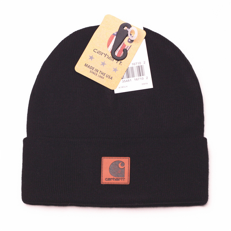 Cross-border 80g thick acrylic leather label knitted hat tooling wool hat fashion brand cold hat curling warm ski hat