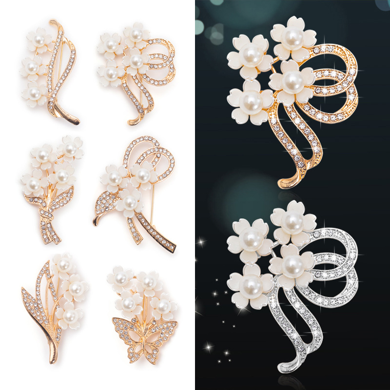 European, American, Japanese and Korean fashion all-match bouquet Pearl Rhinestone Brooch high-grade pin flower corsage anti-exposure brooch