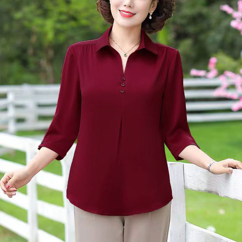Half Sleeve Mother Summer Solid Color Blouse Western Style Middle-aged and Elderly Women's Mid-sleeved Loose Pullover Shirt Women's Top