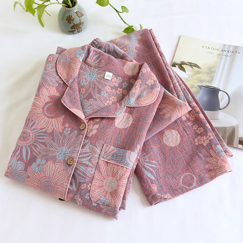 Retro printed pajamas women's spring and autumn yarn-dyed cotton gauze double-layer thin loose long sleeve home wear suit