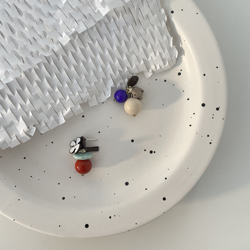 South Korea Dongdaemun Asymmetric Cartoon Elephant Colour Ball Ear Stud Elegant Sweet Irregular Flower Ear Earrings Trendy