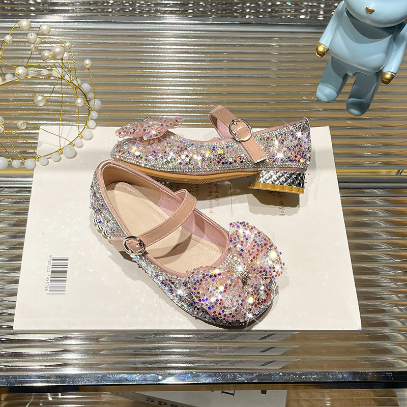 Girls' Crystal High Heels 2023 Spring and Autumn Princess Shoes Soft Sole New Arrival Bow Baby Children's Shoes Performance Shoes