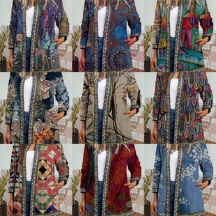 9440# Amazon Foreign Trade Fall/Winter New Retro Ethnic Style Printed plus size Jacket Jacket Cardigan Women's Wear