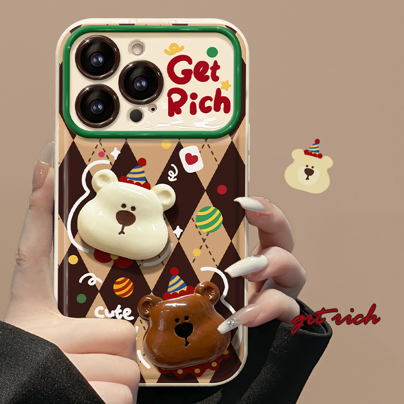 適用蘋果15pro手機殼iphone14/13菱格聖誕小熊公仔11/12翻蓋鏡子x
