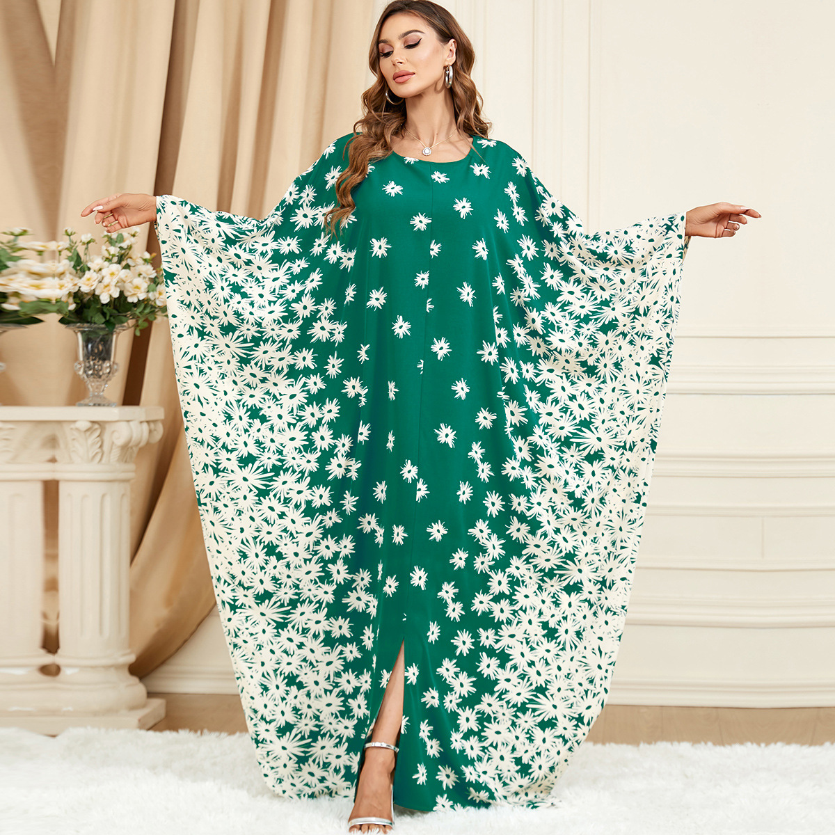 3421 Muslim Middle East Cross-border Trade Clothing Green Bat Sleeve Loose Fashion Large Size Dress