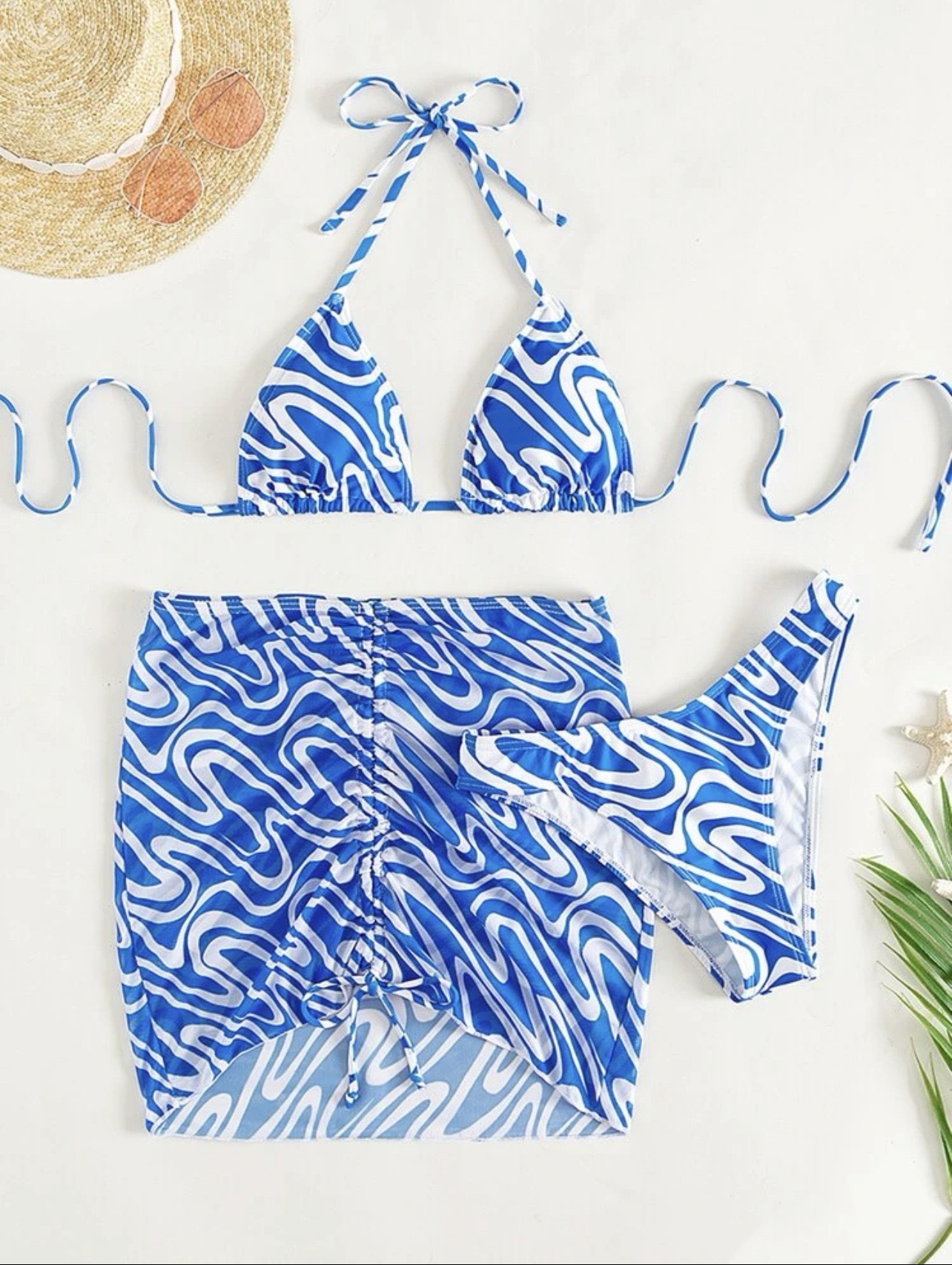 2024 European and American New Full Print Pattern Strap Triangle Bikini Bikini Swimsuit Beach Skirt AliExpress Cross Border