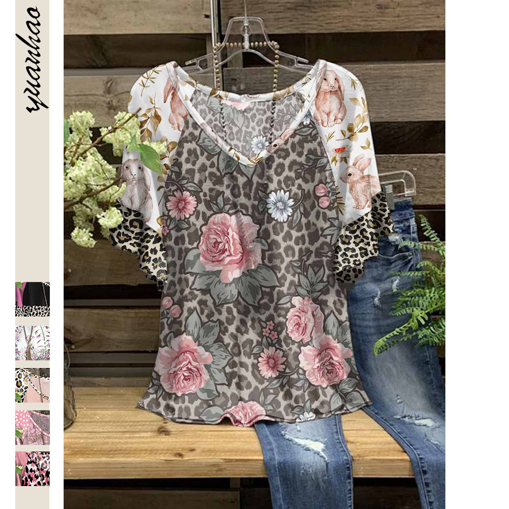Independent station Amazon spring and summer casual new v-neck T-shirt floral leopard print ruffled short sleeve t-shirt