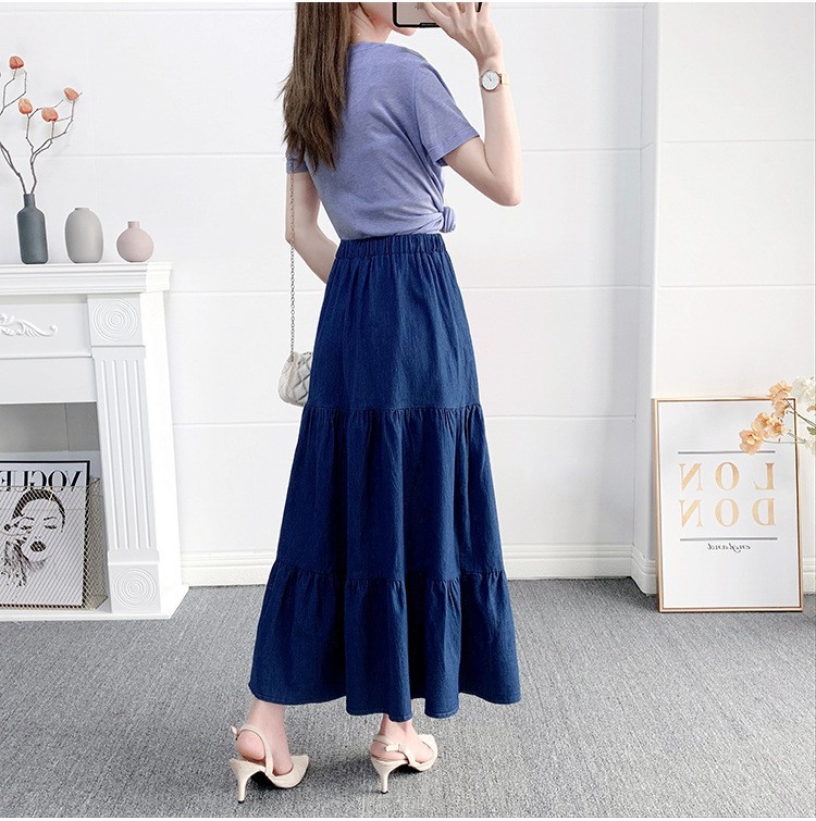 2024 Amazon Spring and Summer New Denim High Waist Joker Long Dress Retro Simple A- line Loose Waist Half